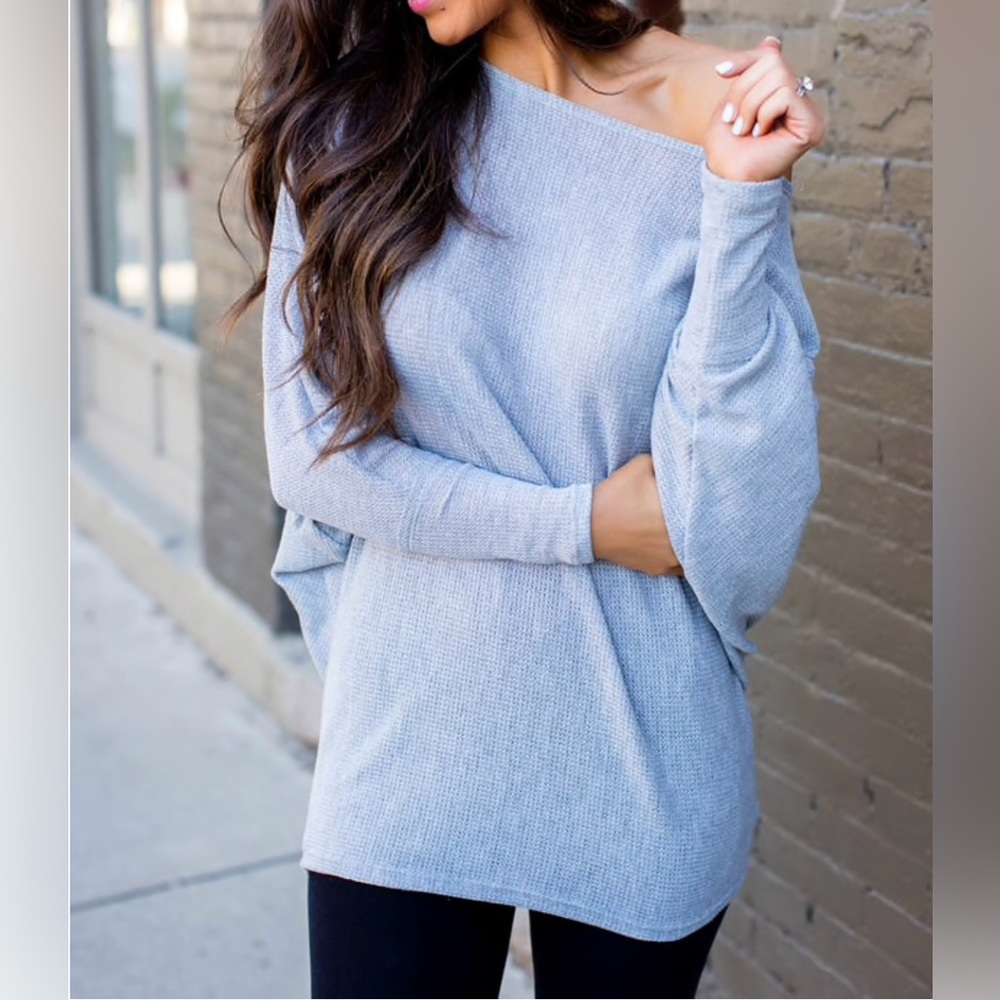 Gray Off The Shoulder Thermal Dolman Long Sleeve Tunic